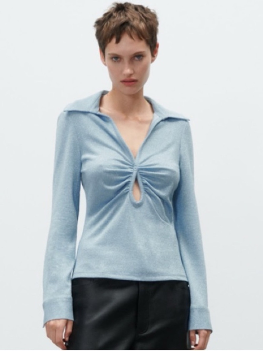 Zara Shimmery Light Blue Ruched Front Button-Down Top - Picture 4 of 6